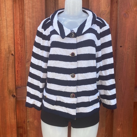 St. John Blue and White Striped Button-Up Jacket 18 - Picture 2 of 10